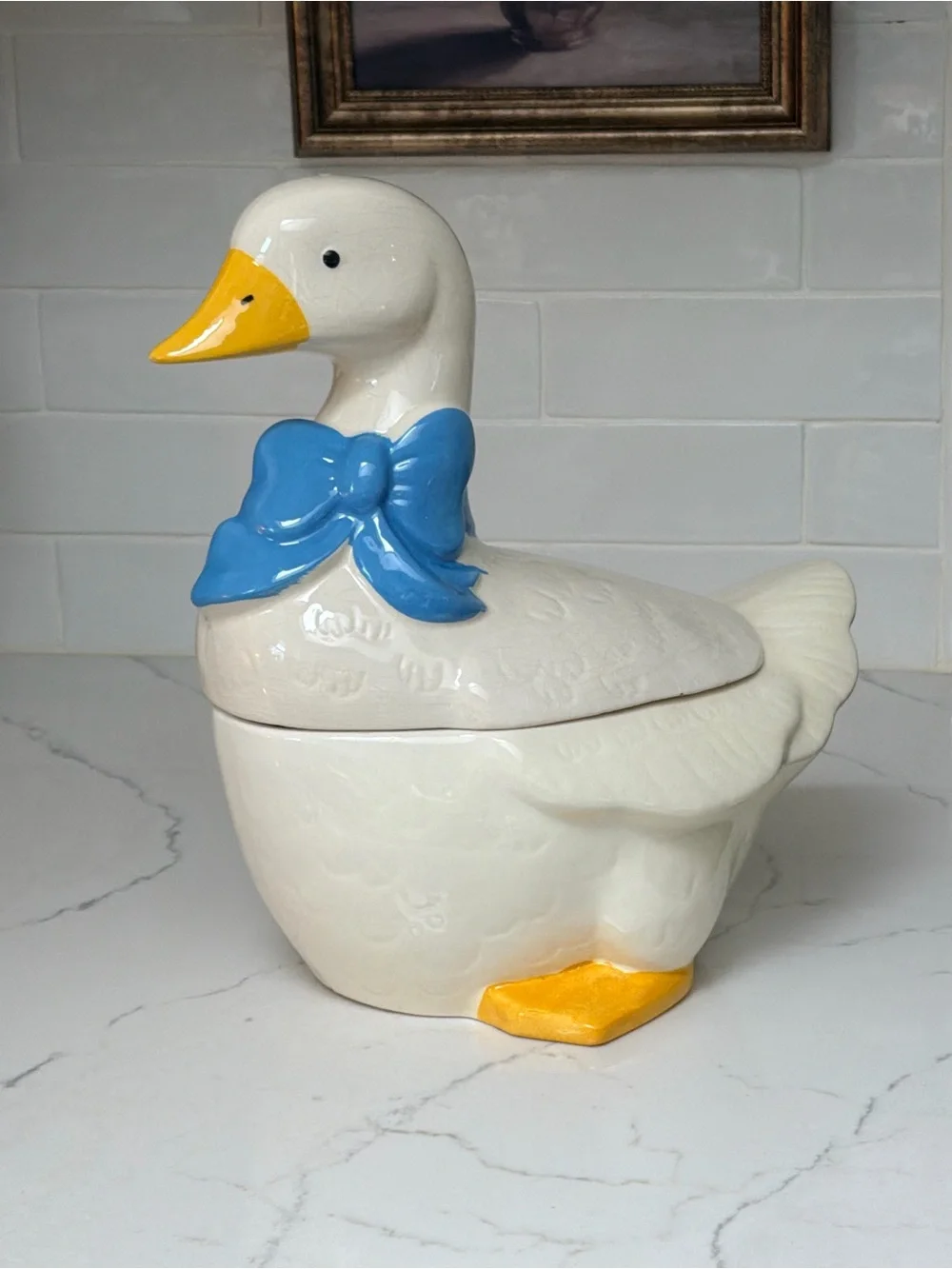 Ceramic Duck Cookie Jar in White with Blue Bow